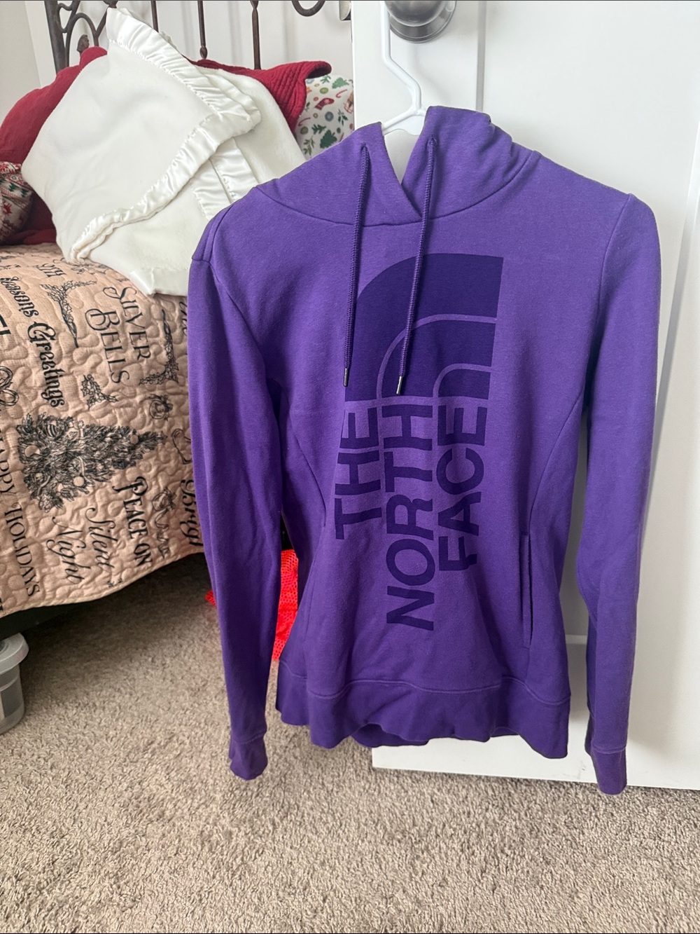 The North Face Purple Pullover Hoodie with Vertical Logo